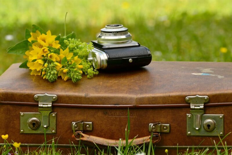 camera and flowers on top of old suitcase in field. Sustainable travel practices for a better world