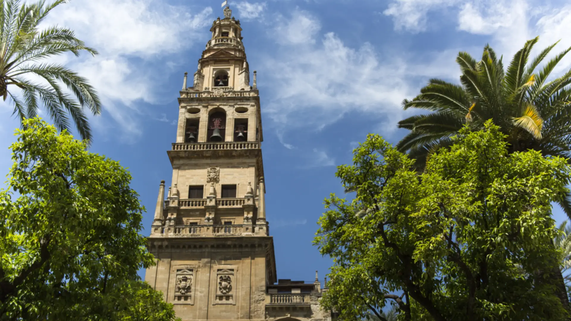 Bell tower of Córdoba’s Mezquita against a blue sky with trees on either side in the foreground - andalucia.org - © TURISMO ANDALUZ