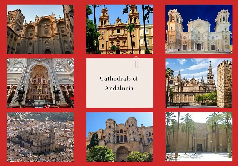 collage of cathedrals of Andalucia, created on Canva by Deborah Cater using images on this page available under various Creative Commons licences.