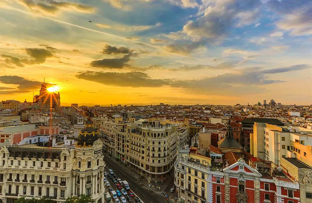 bird’s eye view of Madrid city at sunset. 