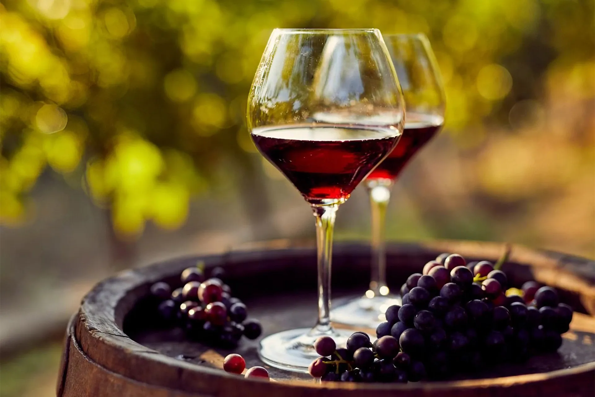 red wine and grapes on a barrel. Autumn wine tastings in Andalucia. Credit: Canva