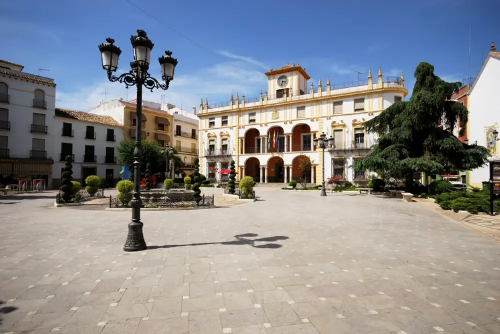 October in Andalucia 5 The empty main square in Priego de Cordoba with Baroque building and lamppost