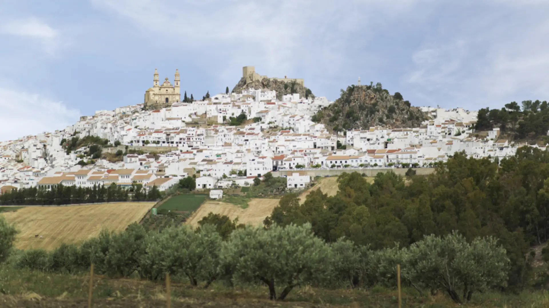 scenic view of Olvera with the church and castle rising above the white village - Antequera - andalucia.org - © TURISMO ANDALUZ