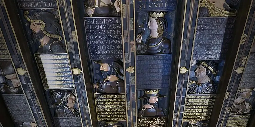 Casa de los Tiros ceiling showing carved busts of famous people and royalty. Credit - Deborah Cater