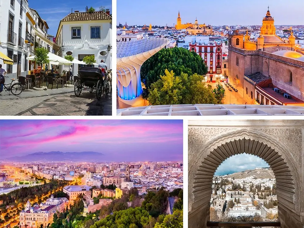 A collage of Malaga, Seville, Granada and Cordoba cities. Created in Canva