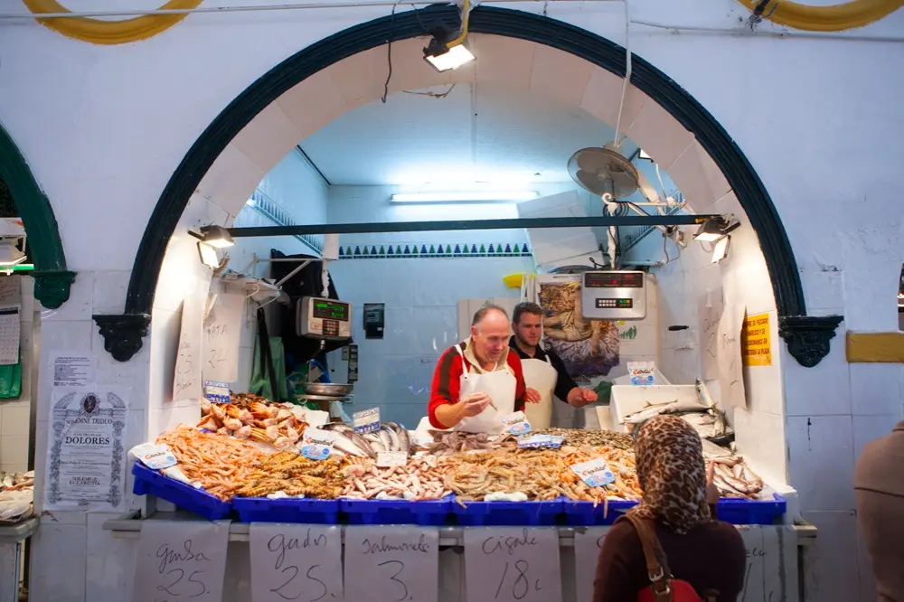 fresh prawns and seafood at the market in Sanlúcar