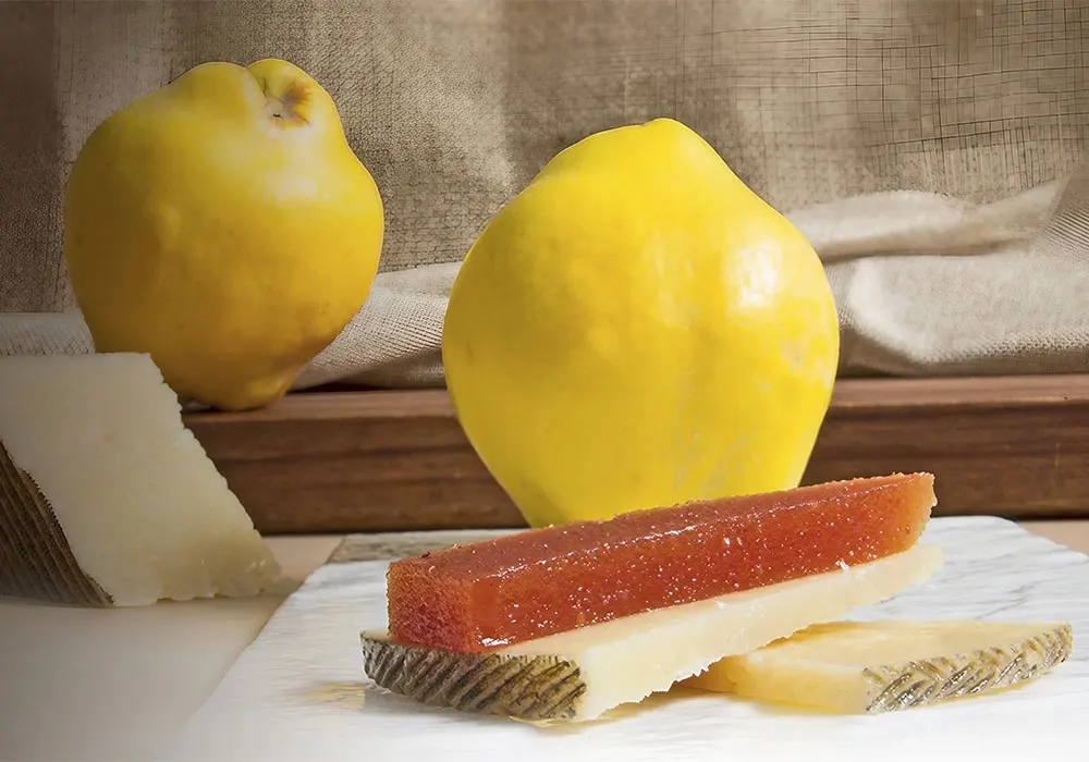 Quince fruit, quince paste/membrillo and manchego cheese