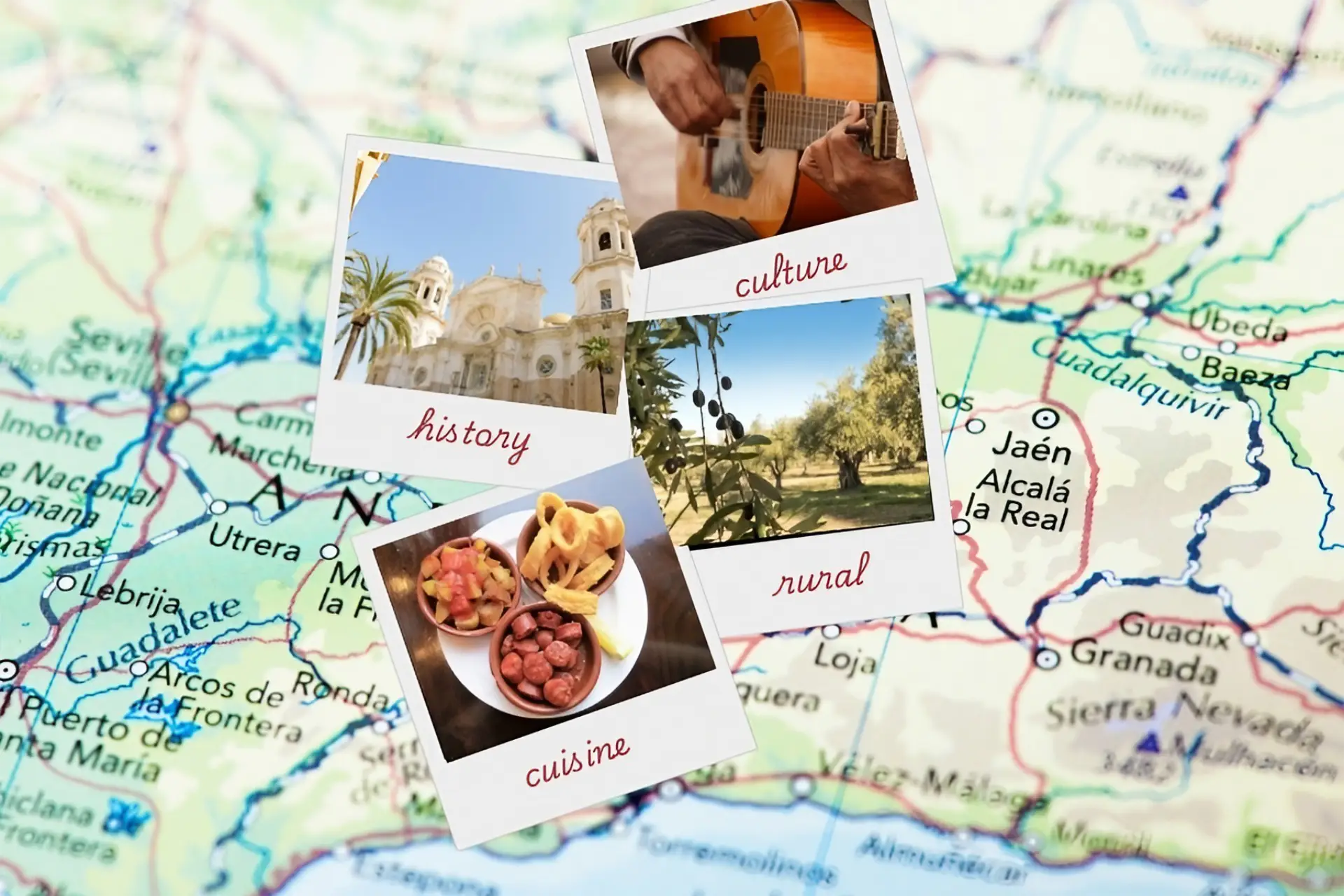 Map with photos of different aspects of travel. Created in Canva under pro licence