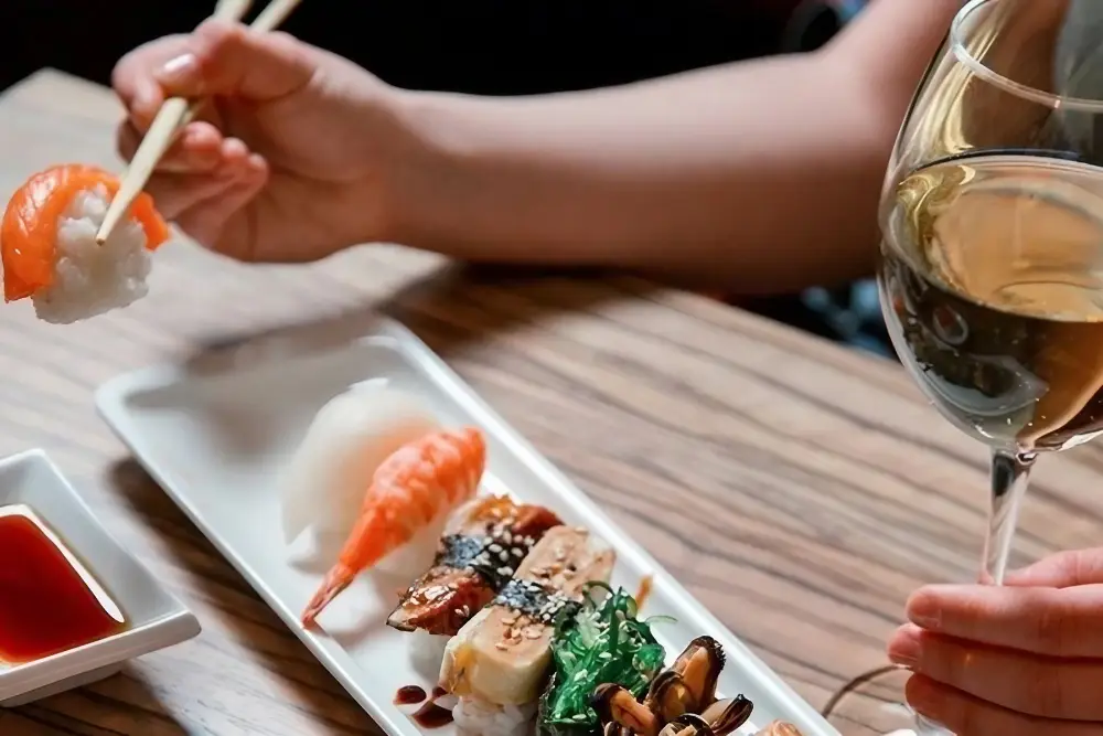 Why Sherry is the most misunderstood wine in the world 5 Sushi paired with a large glass of pale sherry. Created in Canva